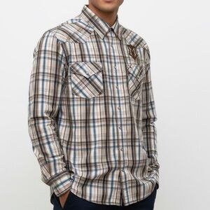 NWT Monarchy Brown Blue Plaid Men’s Long Sleeve Pearl Snap Front Shirt (M)